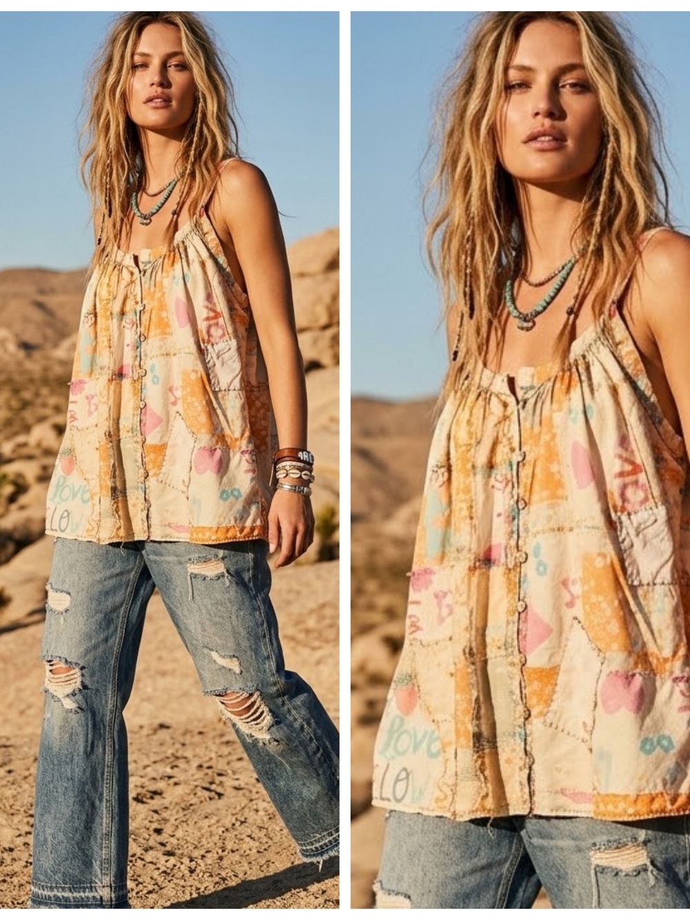 Boho Patchwork Scoop-Neck Tank Top - Cream Multi